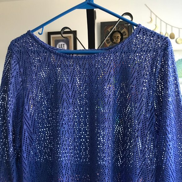 LYNN RITCHIE Silver size M Royal Blue Stretch Sheer Mesh Net Hi-Lo Top - Picture 2 of 4